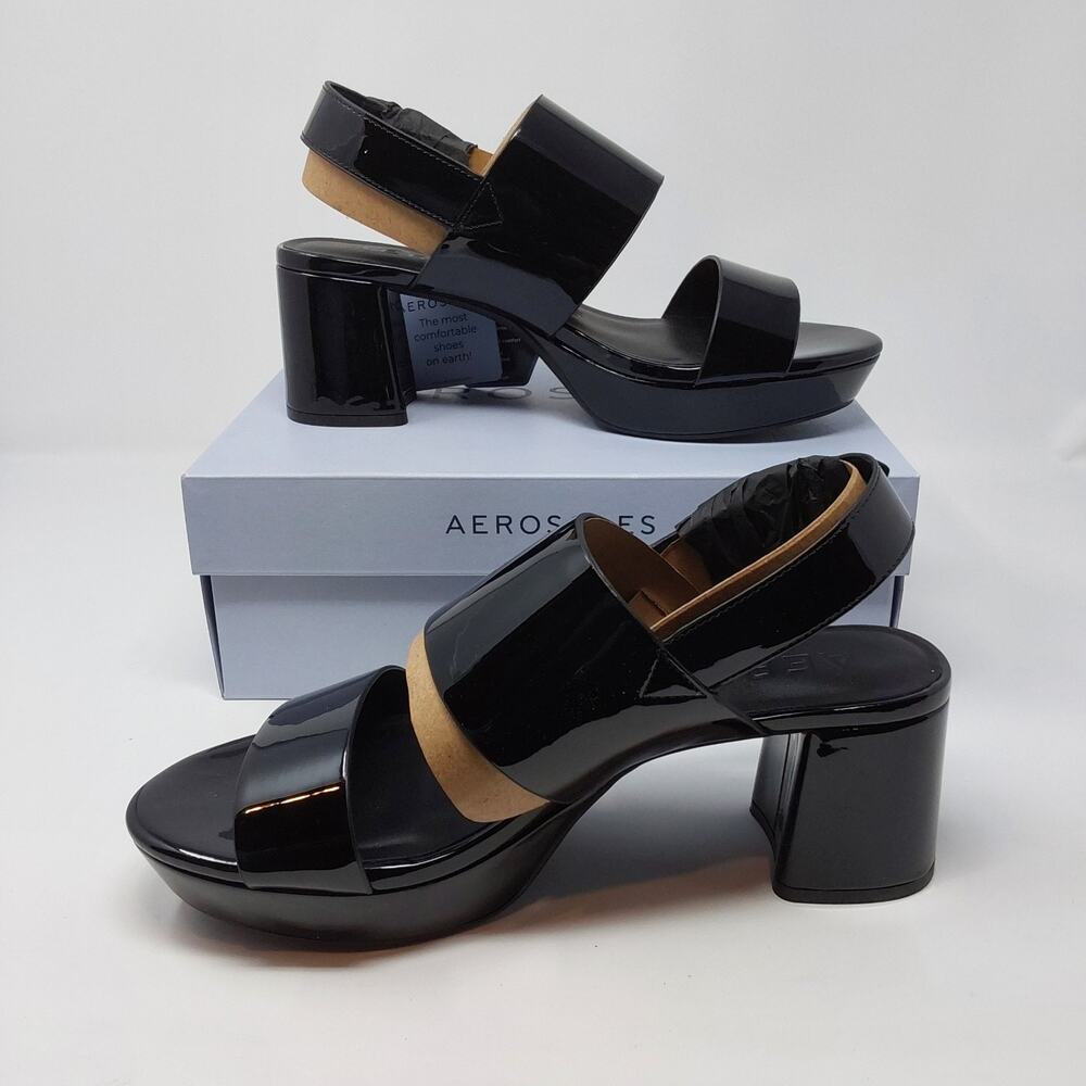 Aerosoles Camilia Black Patent Platform Sandals Women's 8M Block Heel NIB - Picture 2 of 7